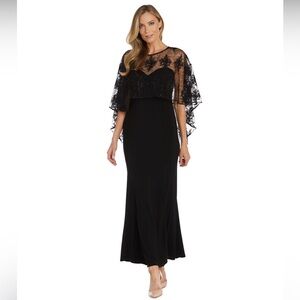 R&M Richards Embroidered Capelet Formal Gown Sequins Lace Black/Taupe
